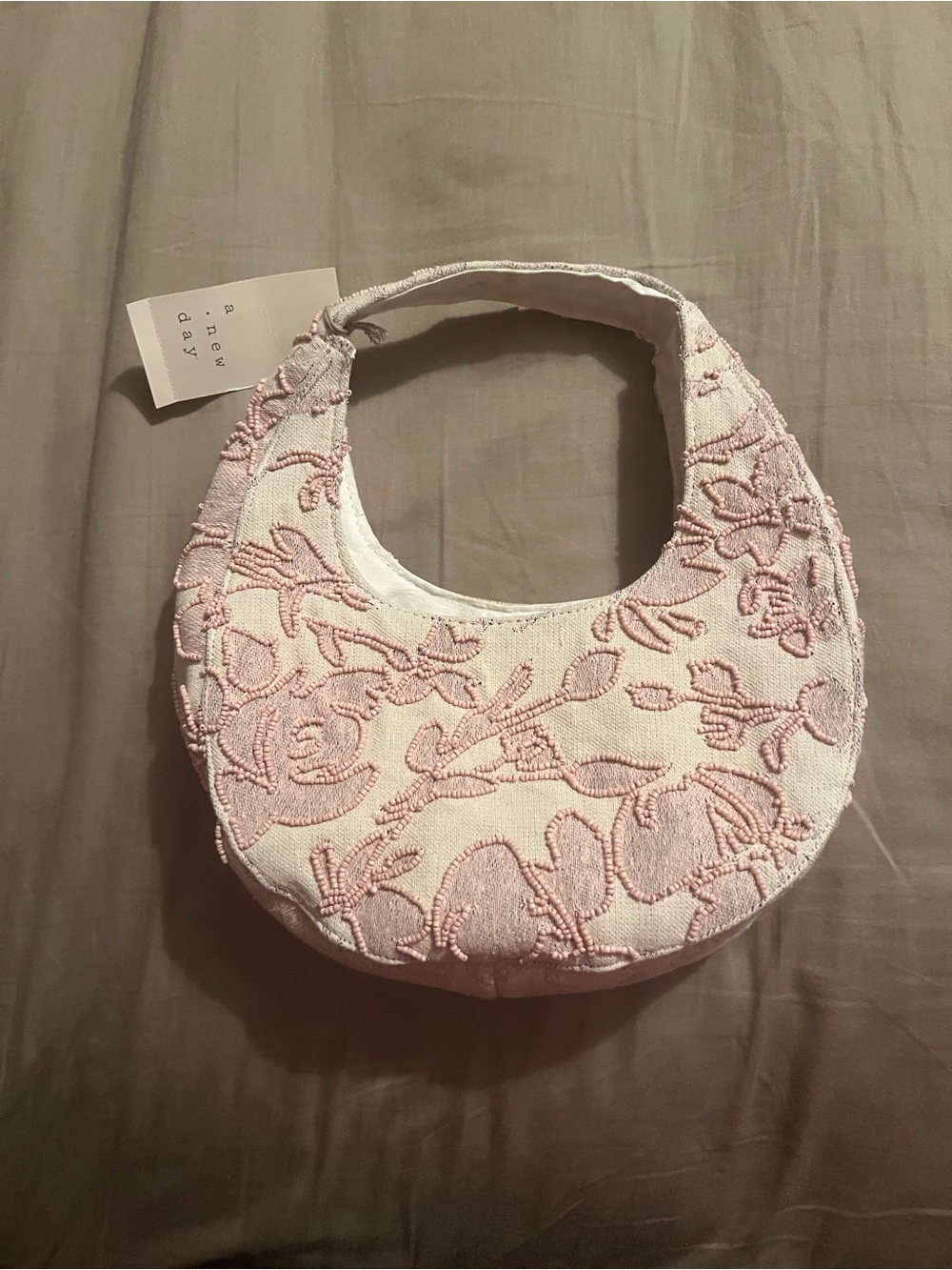 a new day Pink Beaded Floral Crescent Shoulder Bag in Cream